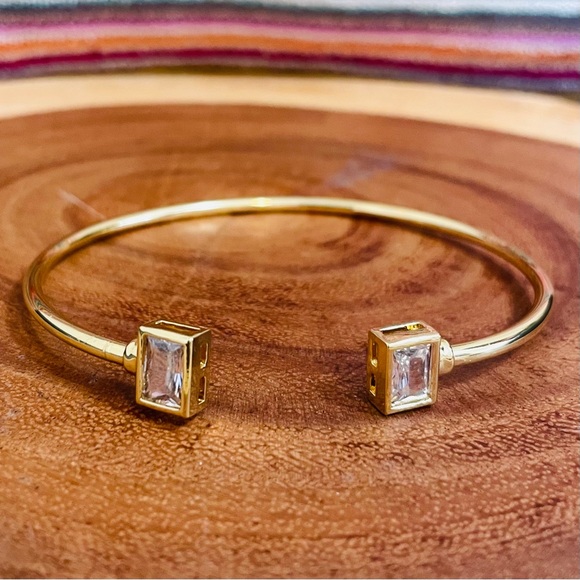 Two Tone Baguette Cut CZ Adjustable Cuff Bangle Duo Gold & Rose Gold Filled - Picture 4 of 10